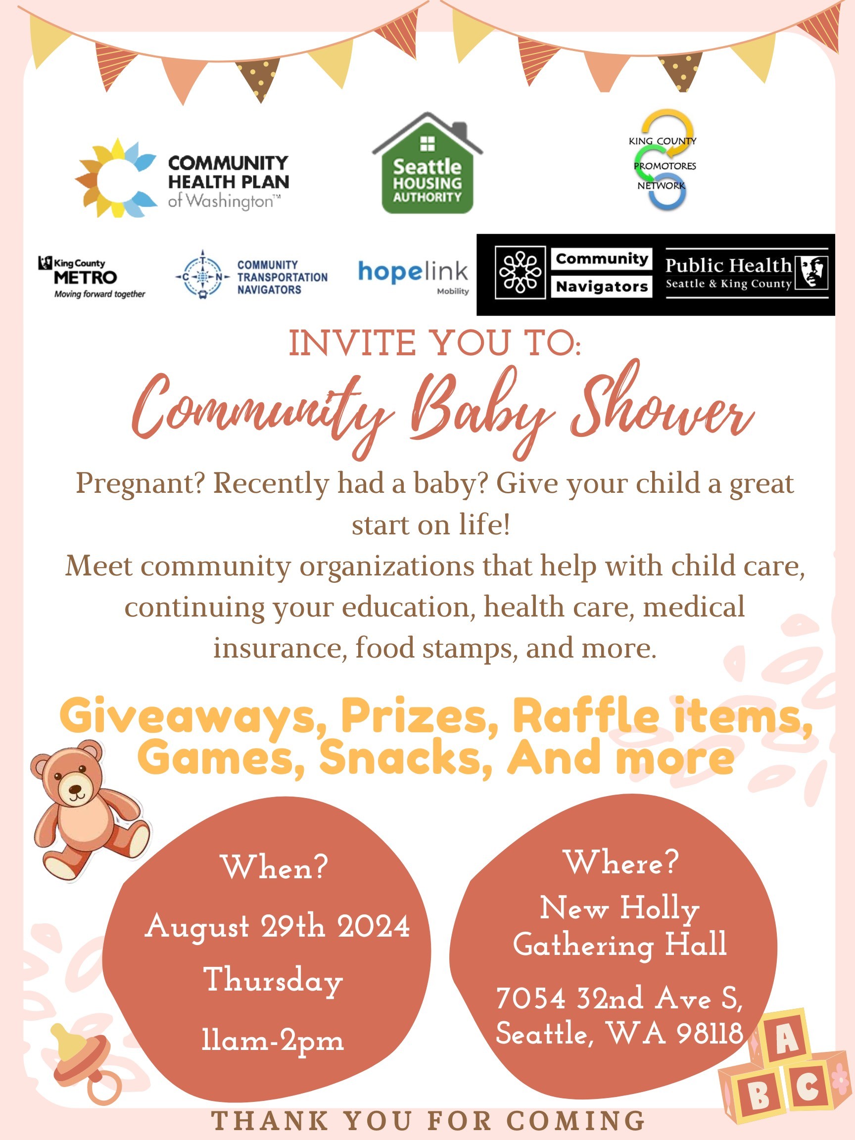 Community Baby Shower | August 24 | 11am-2pm | New Holly Gathering Hall | 7054 32nd Ave S Seattle, WA 98118