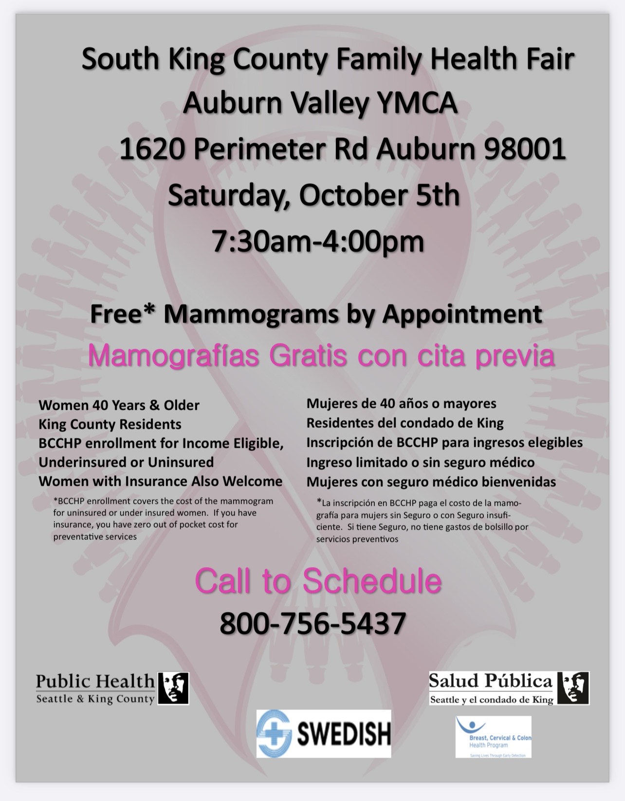 Free Mammograms by appointment | Oct 5 | 7:30am - 4pm Mamografías Gratis con cita previa | 5 de octubre | 7:30 a. m. - 4 p. m.