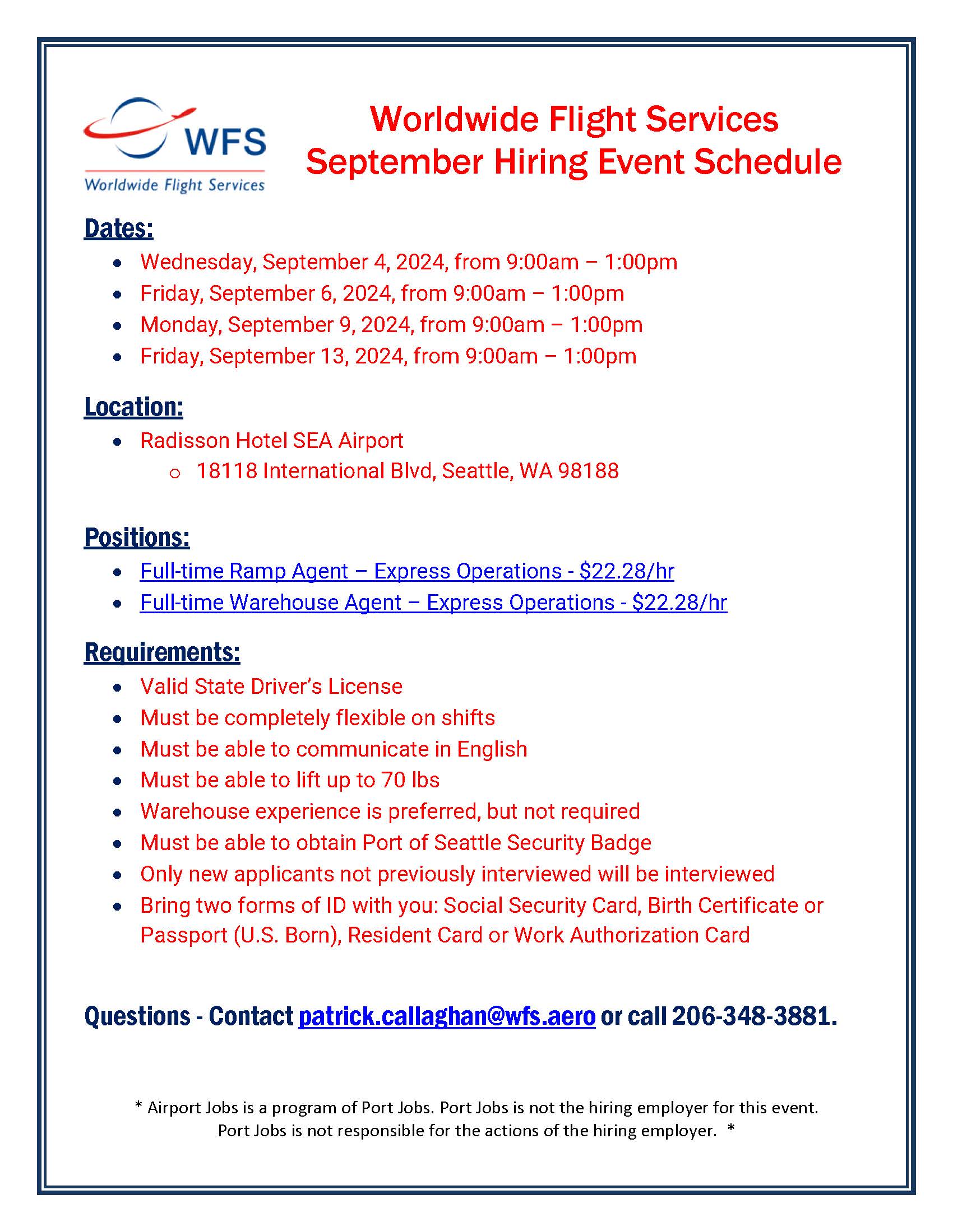 Worldwide Flight Services September Hiring Event Schedule