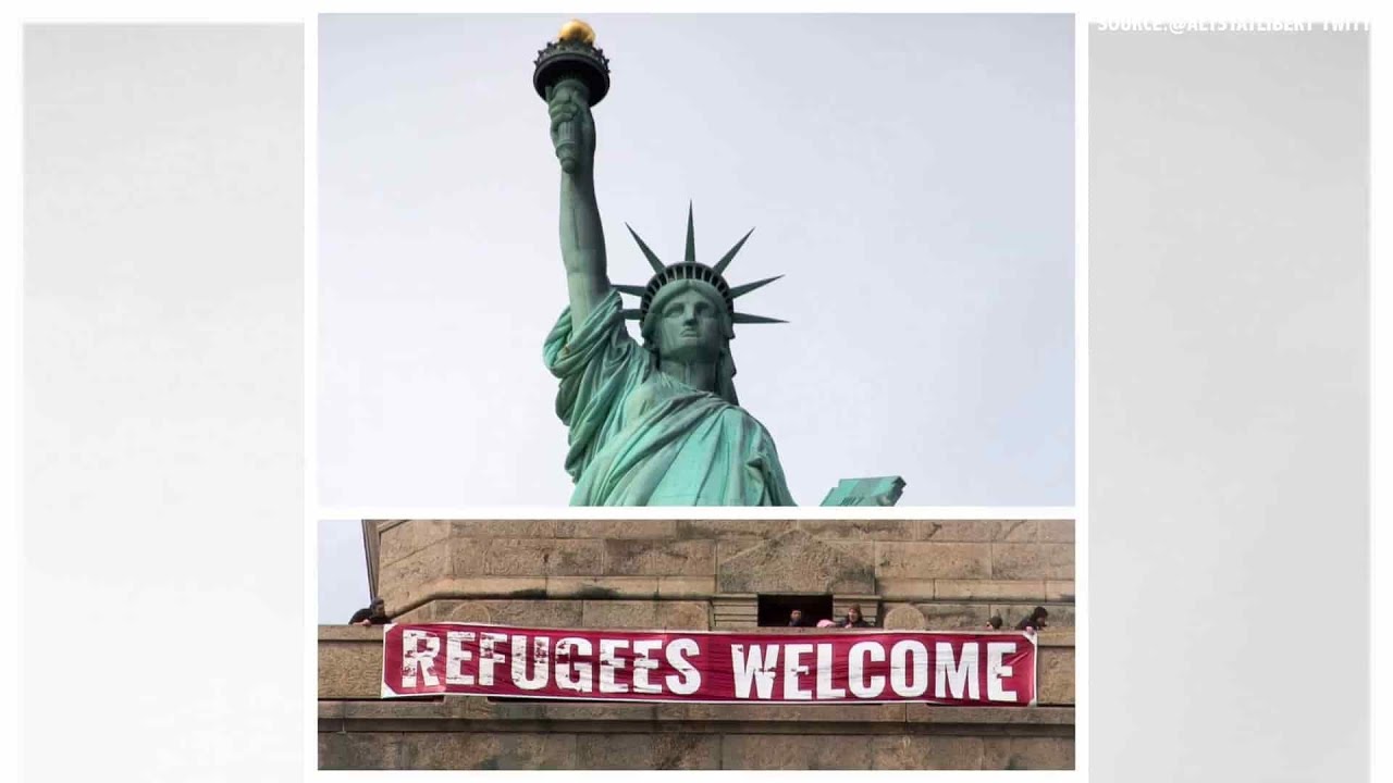 Statue of Liberty with refugees welcome