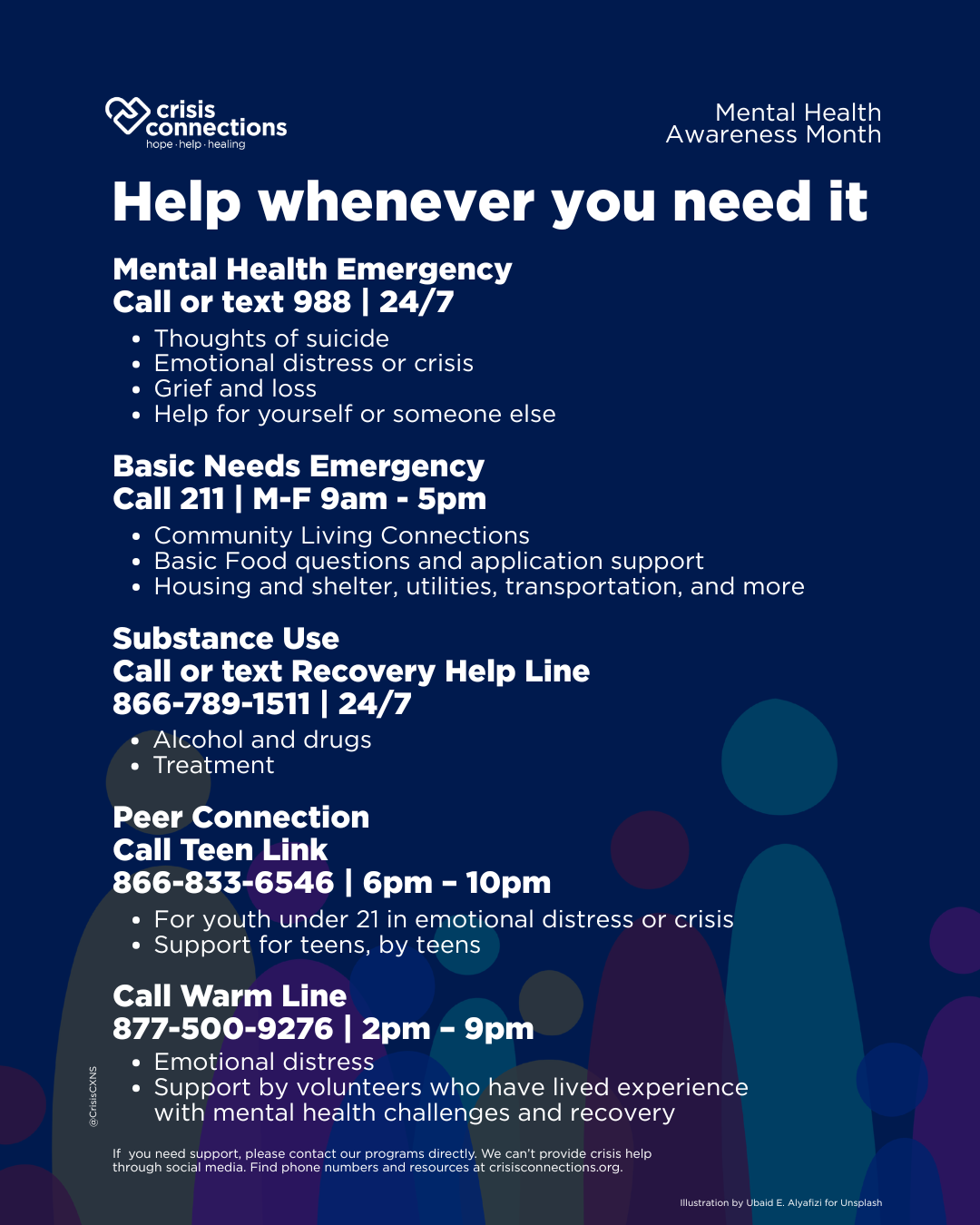 Image with program information. Help whenever you need it. CrisisConnections.org
