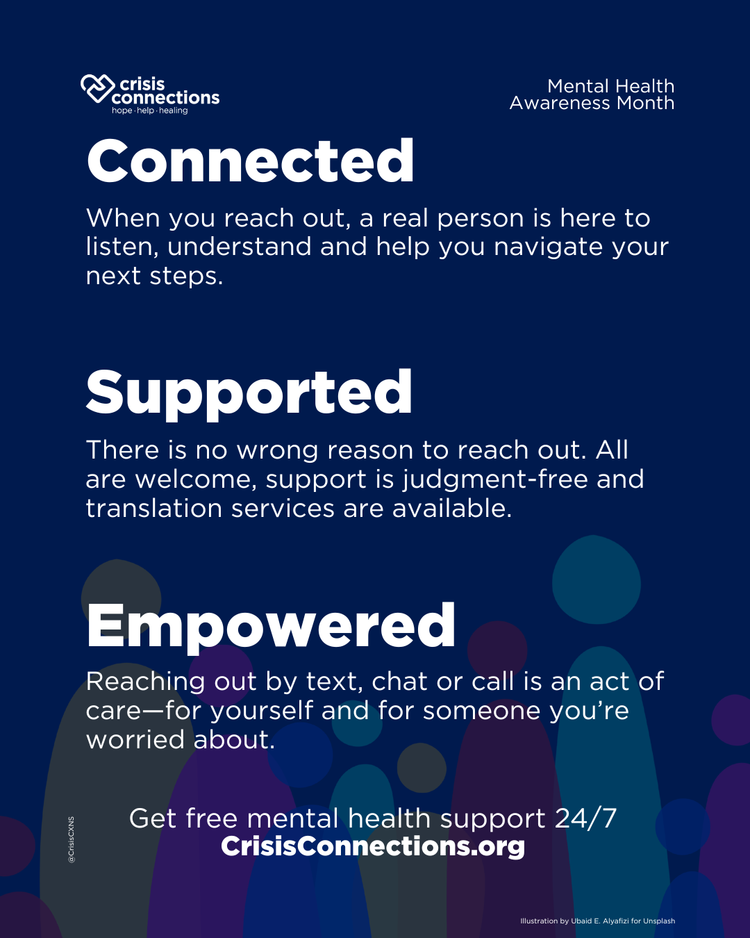 Image with text about getting connected to support and being empowered to ask for mental and emotional help.
