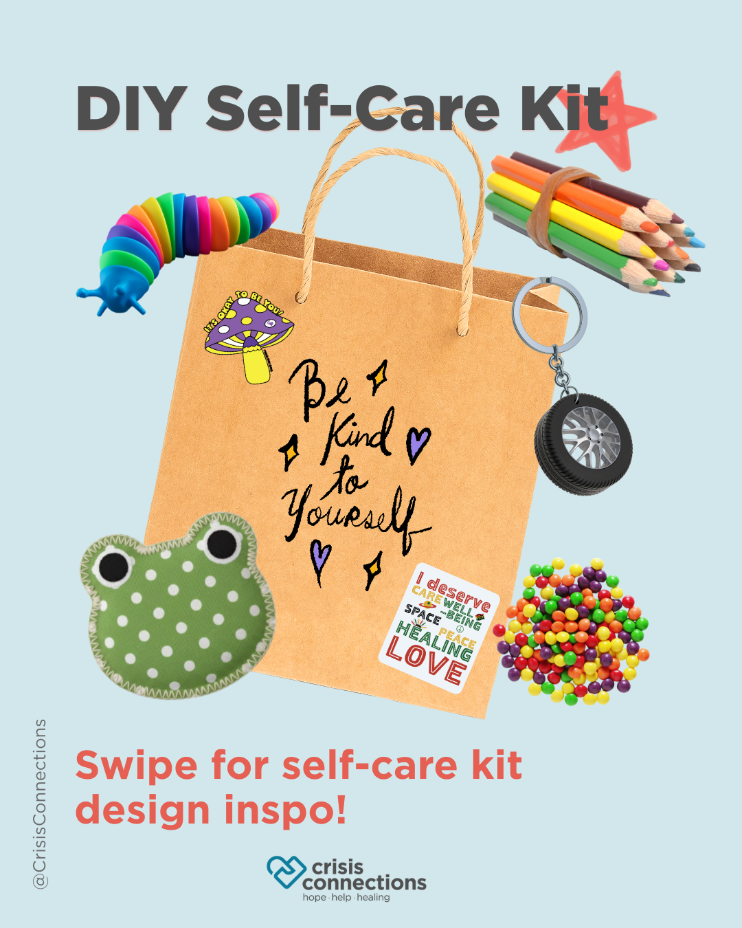 Image for DIY Self-Care Kit social post that shows a paper bag with art supplies, candy, keychains and toys